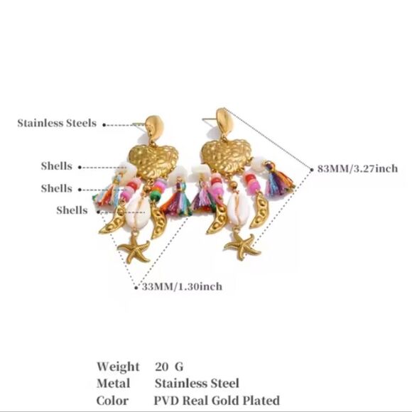 New ANTHRO Gold Ss Seashell Heart Beaded Tassel  Starfish Dangle Earrings - Picture 10 of 12